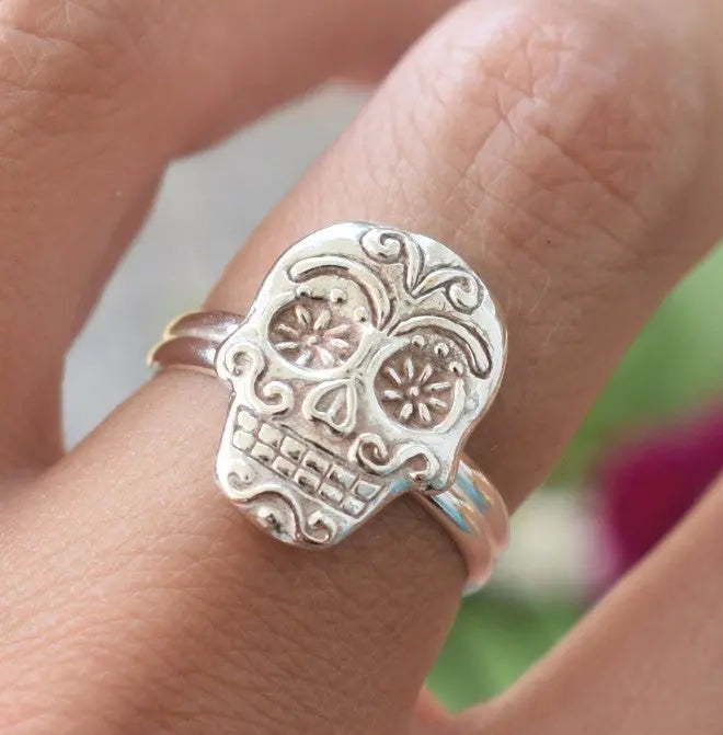 Retro Sugar Skull Silver Ring- Day of The Dead Fashion CJ