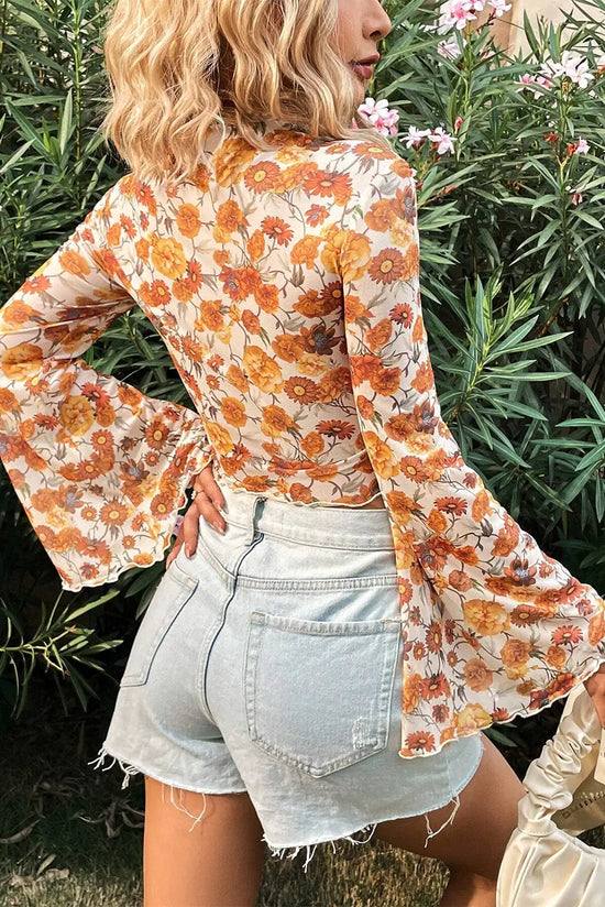 Orange Floral Printed Bell Sleeve Blouse - The Aurora Touch