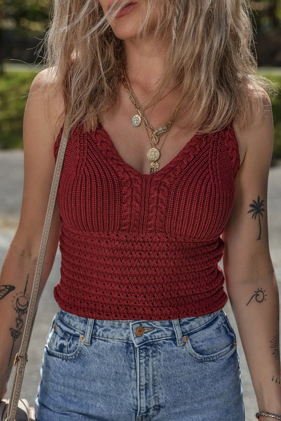 Burgundy Cable Knit Pointelle Slim Fit V Neck Sweater Vest Dear-Lover Dropshipping
