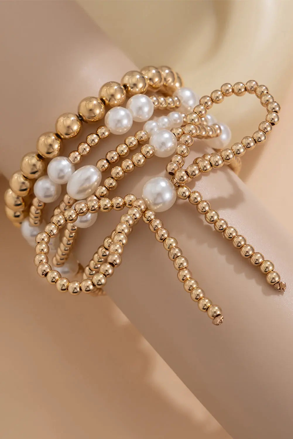 Gold Bow Knot Pearl Beaded Multi Layered Bracelet Set The Aurora Touch