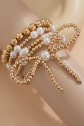 Gold Bow Knot Pearl Beaded Multi Layered Bracelet Set The Aurora Touch