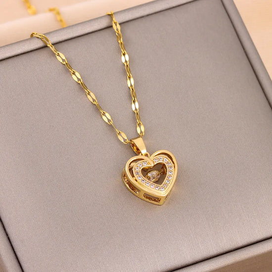 Double-layer Love Necklace With Rhinestones |Titanium Steel Pendant Fashion Jewelry The Aurora Touch