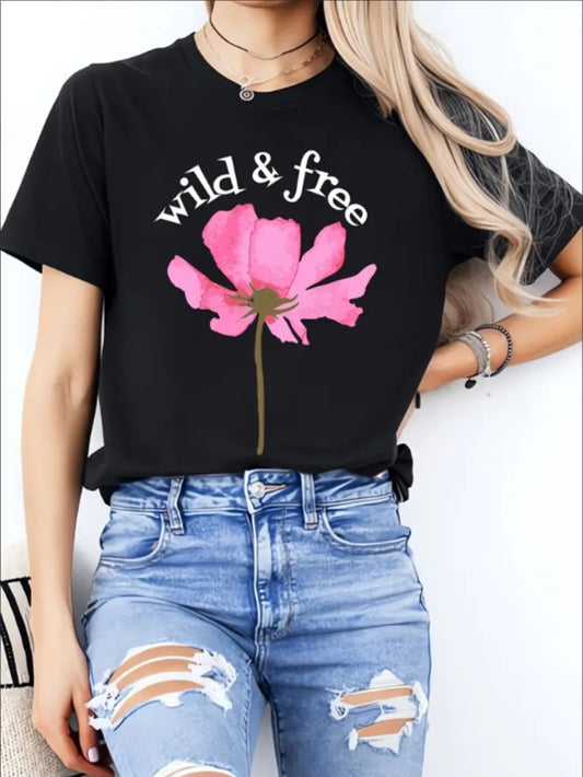 WILD FREE Ladies' Casual Loose Short Sleeve, T-shirts, Basic Tops, Suitable For Women's Wear, Teenagers And Girls