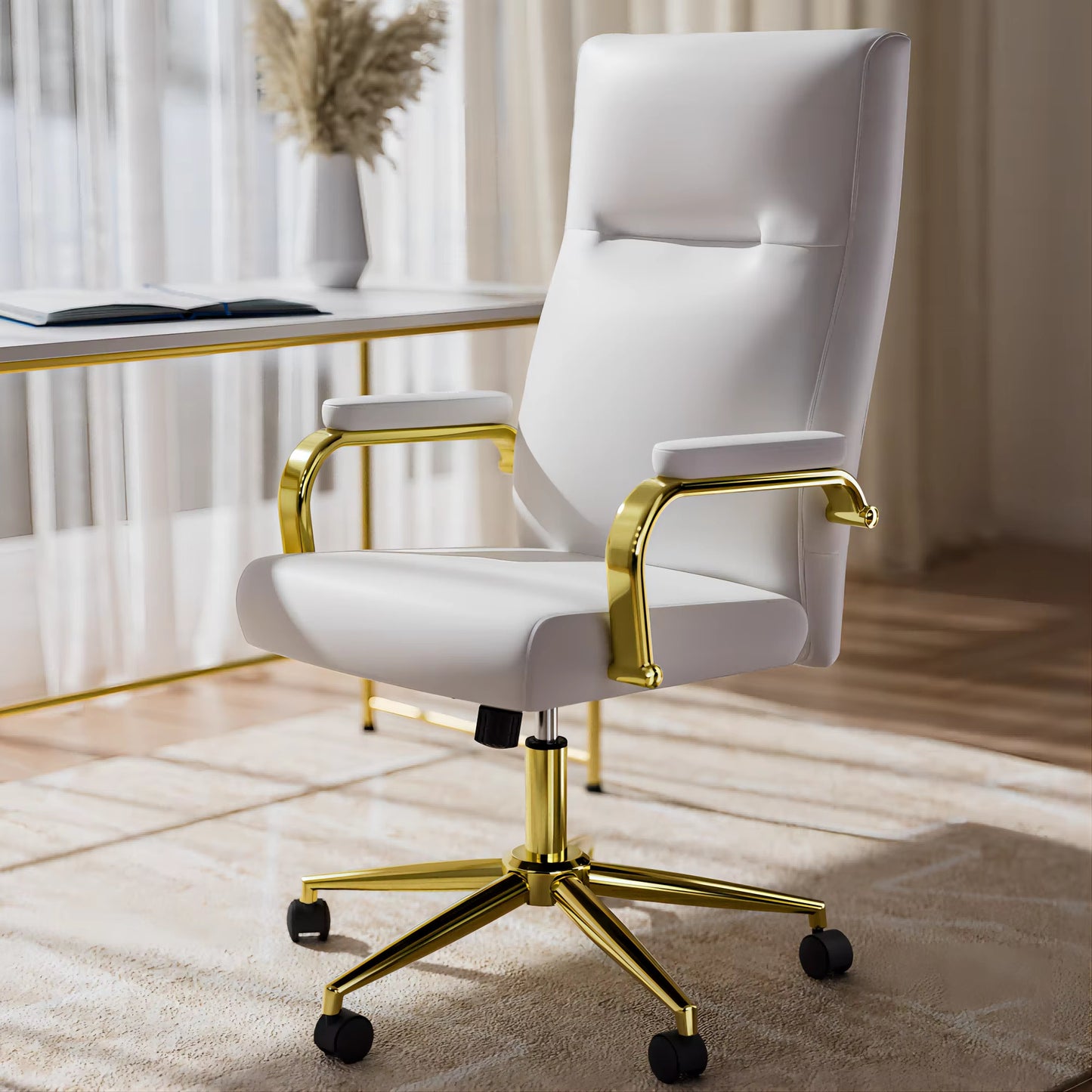 Executive Stylish White Leather Office Chair High Back with Gold Arms and Wheels | Excellent Back Support