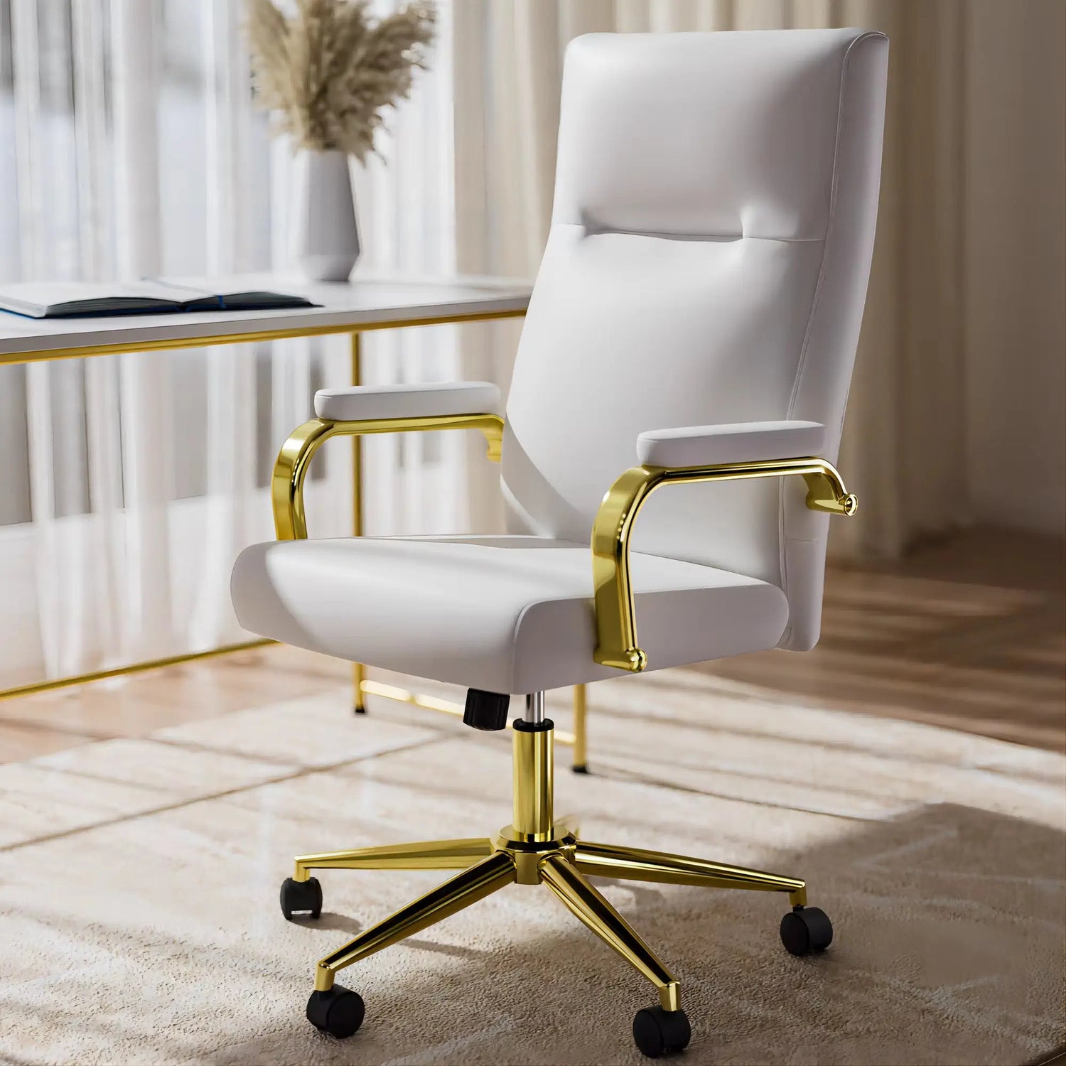 Executive Stylish White Leather Office Chair High Back with Gold Arms and Wheels | Excellent Back Support The Aurora Touch