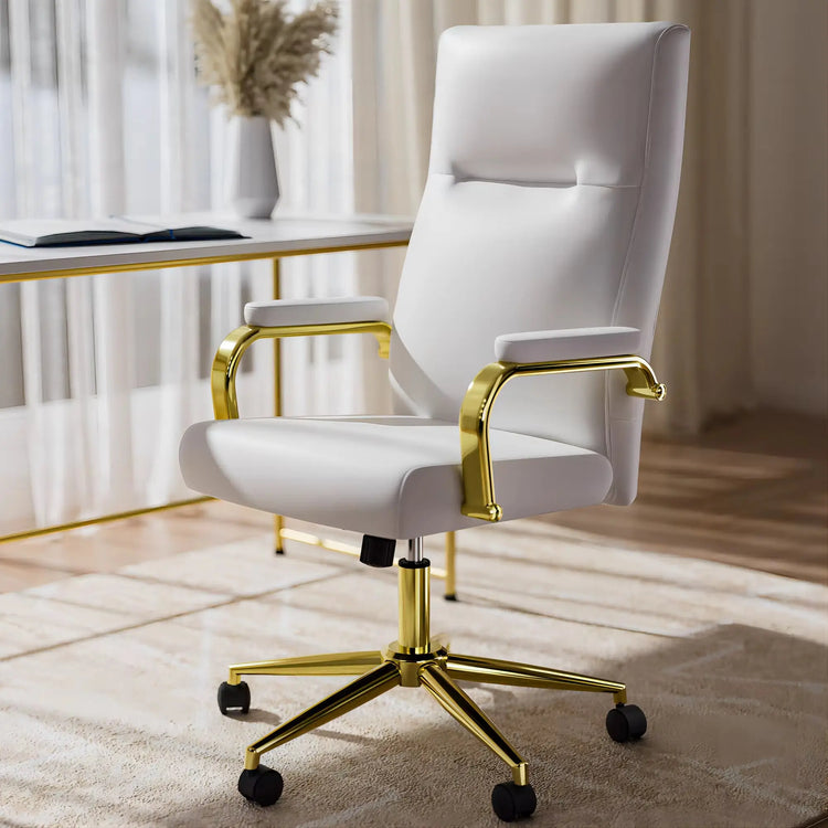 Executive Stylish White Leather Office Chair High Back with Gold Arms and Wheels | Excellent Back Support The Aurora Touch