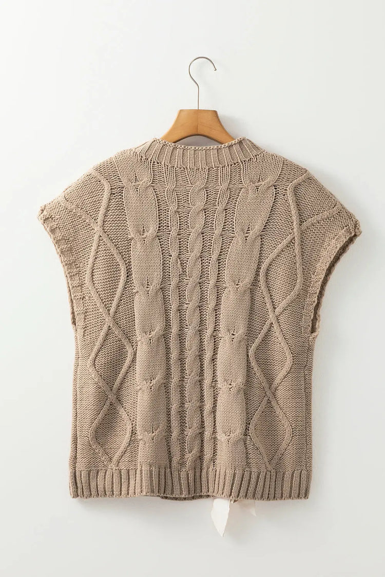 Cable Knit Colorblock Satin Bowknot Short Sleeve Sweater - The Aurora Touch