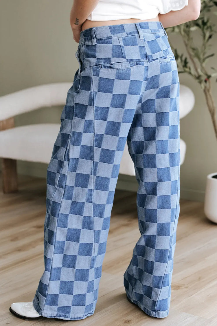 Dusk Blue Checkered Denim Wide Leg Jeans The Aurora Touch