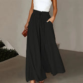 Plus Size Wide Leg Pants - Stylish Solid Paper Bag Waist Design, Elegant Pocket Tie Front, Loose Fit  Comfort CJ