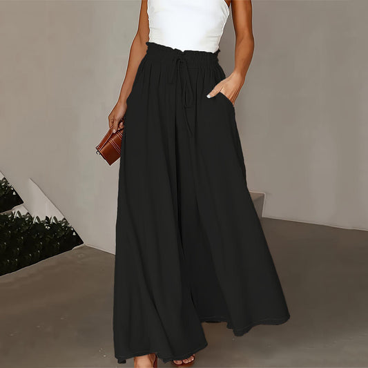 Plus Size Wide Leg Pants - Stylish Solid Paper Bag Waist Design, Elegant Pocket Tie Front, Loose Fit  Comfort