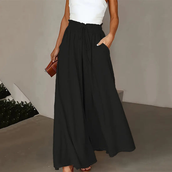 Plus Size Wide Leg Pants - Stylish Solid Paper Bag Waist Design, Elegant Pocket Tie Front, Loose Fit  Comfort CJ
