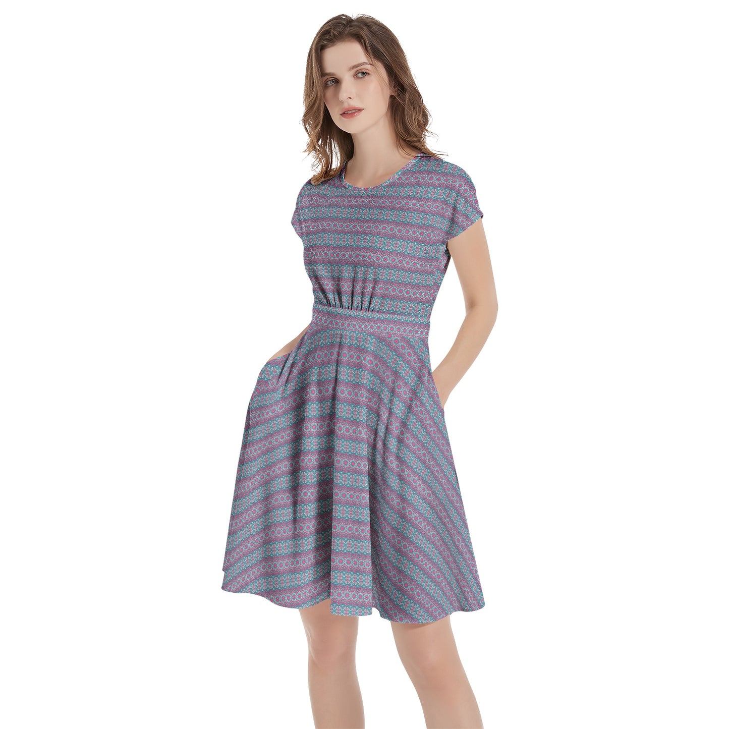 Womens Vibrant Blue Purple Short Sleeve Casual A-Line above the knee Dress