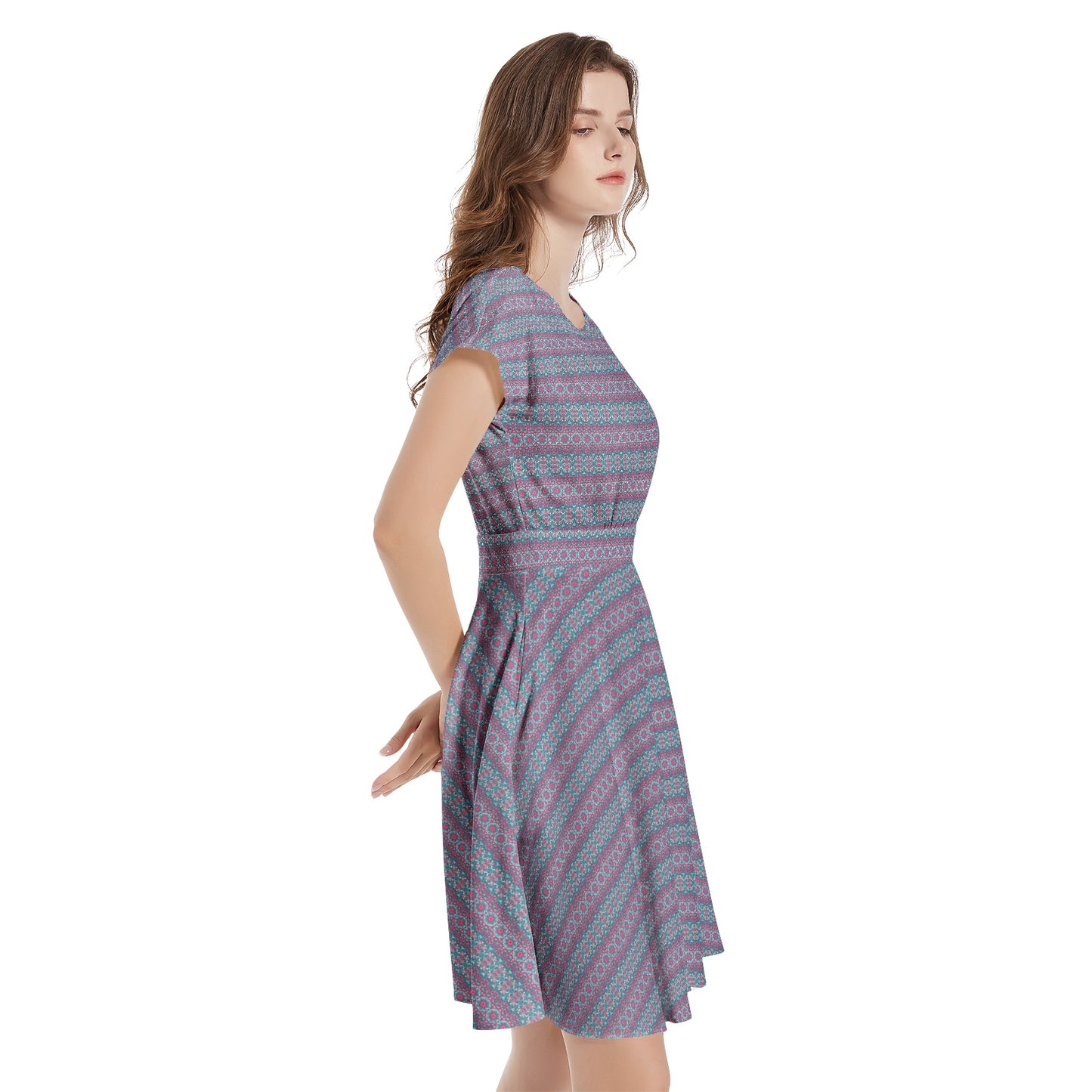 Womens Vibrant Blue Purple Short Sleeve Casual A-Line above the knee Dress