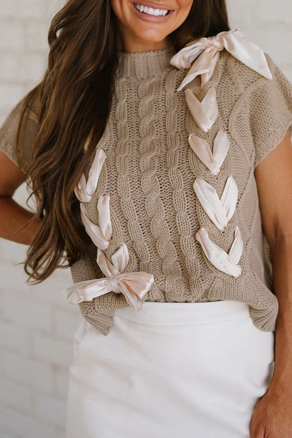 Cable Knit Colorblock Satin Bowknot Short Sleeve Sweater - The Aurora Touch