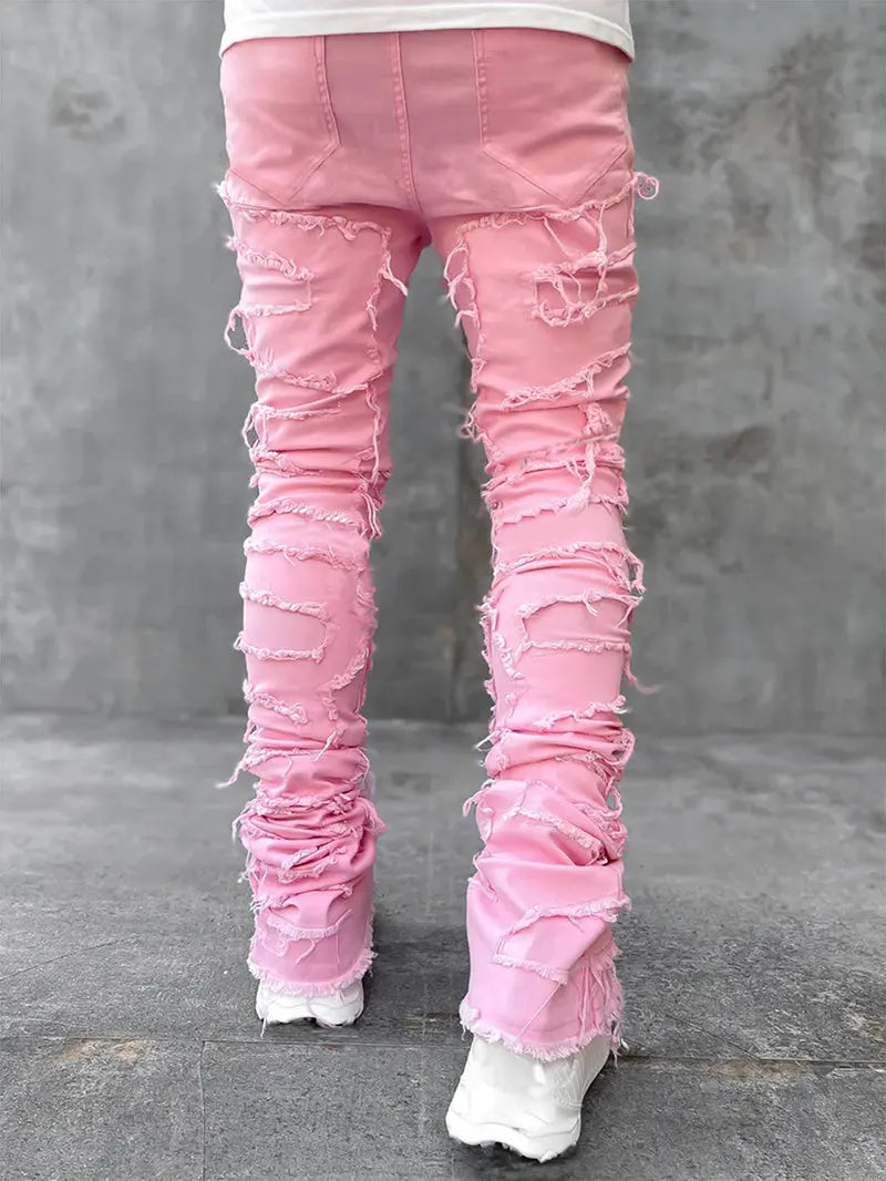 Men Trousers Individual Patched Pants Long Tight Fit Stacked Jeans For Mens Clothing The Aurora Touch