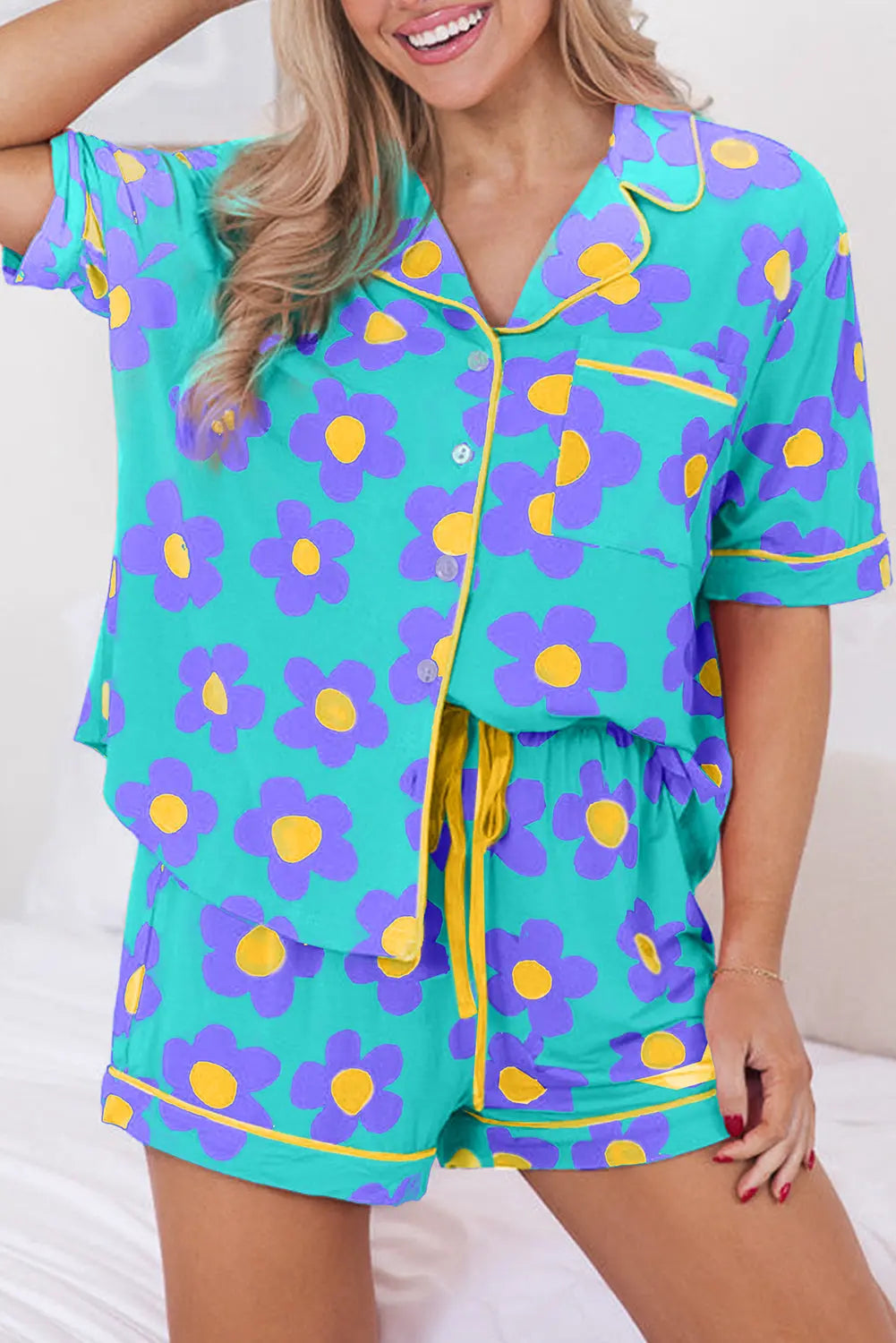 Green Flower Print Short Sleeve Shirt Pajamas Set The Aurora Touch