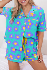 Green Flower Print Short Sleeve Shirt Pajamas Set The Aurora Touch