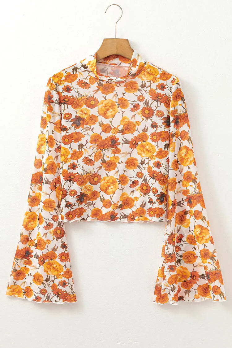 Orange Floral Printed Bell Sleeve Blouse - The Aurora Touch