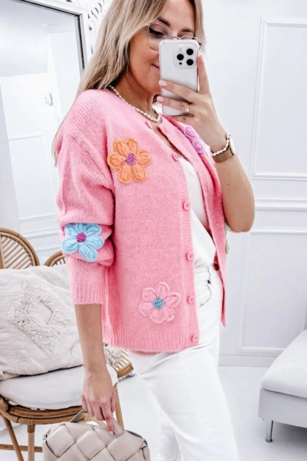 Pink Knitted Floral Pattern Button Up Cardigan - The Aurora Touch