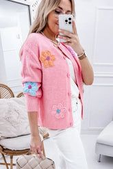 Pink Knitted Floral Pattern Button Up Cardigan - The Aurora Touch