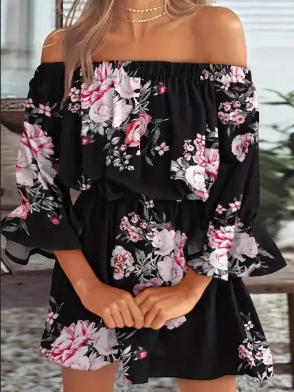 Boho Leaf Graphic Print Off Shoulder Dress - The Aurora Touch