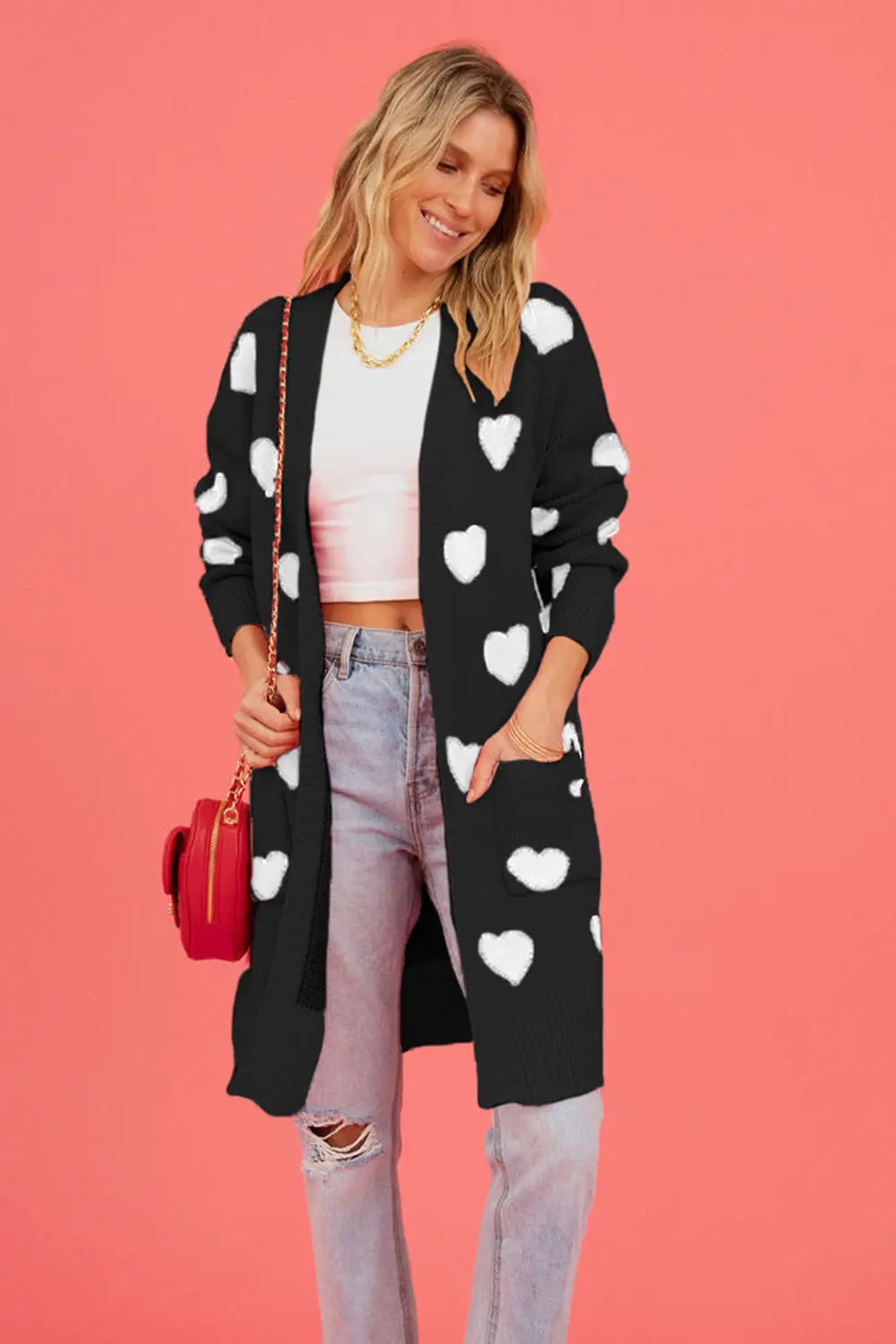 Heart Graphic Open Front Cardigan with Pockets The Aurora Touch