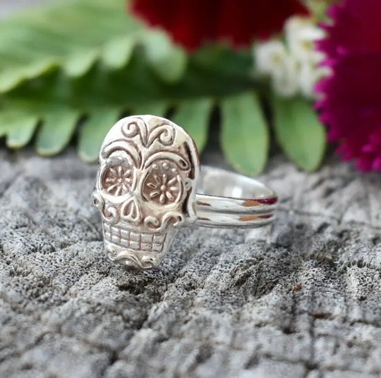 Retro Sugar Skull Silver Ring- Day of The Dead Fashion CJ