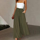 Plus Size Wide Leg Pants - Stylish Solid Paper Bag Waist Design, Elegant Pocket Tie Front, Loose Fit  Comfort CJ