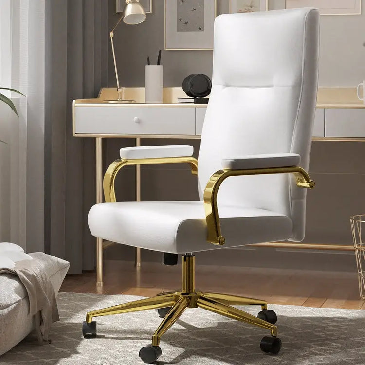 Executive Stylish White Leather Office Chair High Back with Gold Arms and Wheels | Excellent Back Support The Aurora Touch