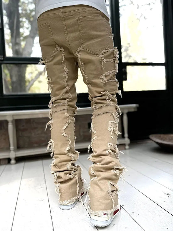 Men Trousers Individual Patched Pants Long Tight Fit Stacked Jeans For Mens Clothing The Aurora Touch