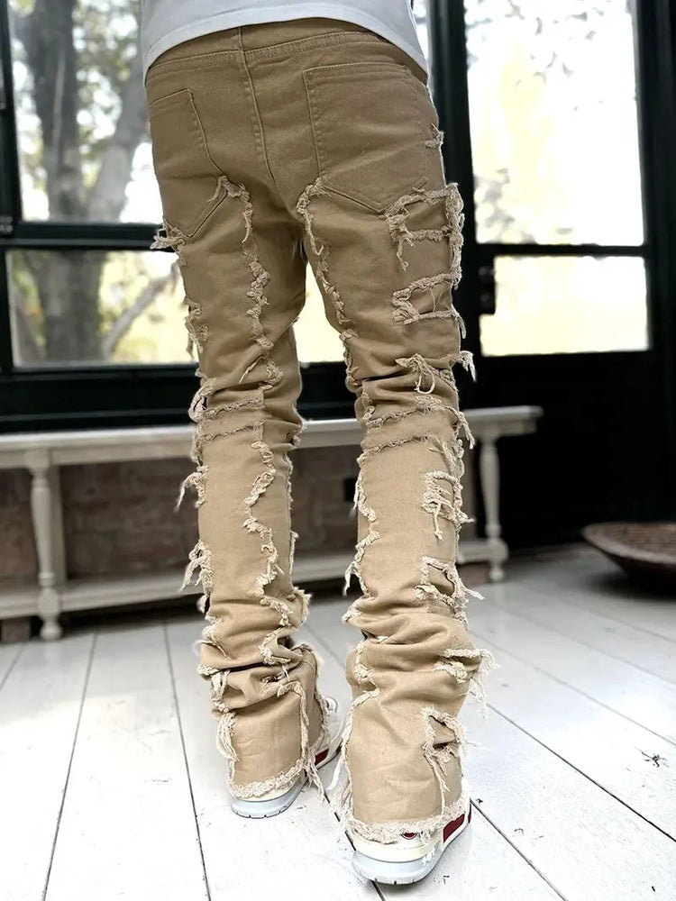 Men Trousers Individual Patched Pants Long Tight Fit Stacked Jeans For Mens Clothing The Aurora Touch