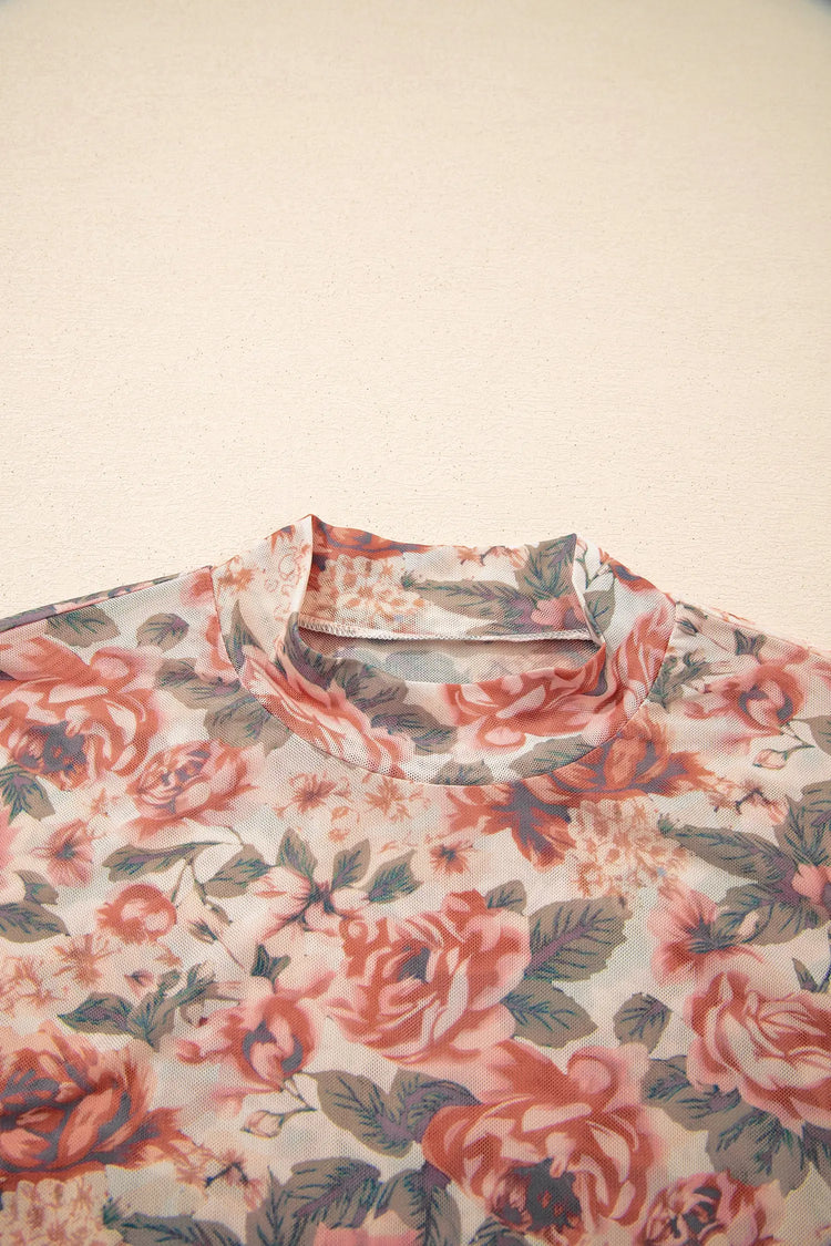 Floral Print Mesh Long Sleeve Top - The Aurora Touch