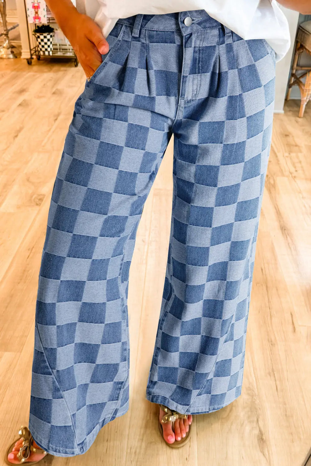Dusk Blue Checkered Denim Wide Leg Jeans The Aurora Touch