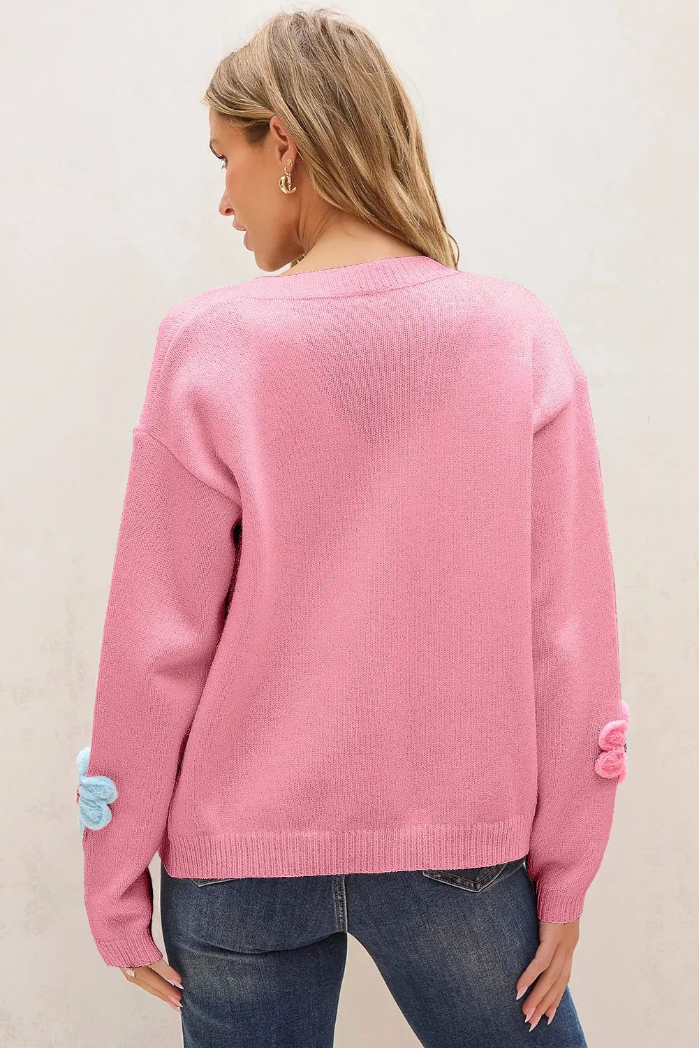 Pink Knitted Floral Pattern Button Up Cardigan - The Aurora Touch