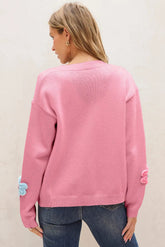 Pink Knitted Floral Pattern Button Up Cardigan - The Aurora Touch