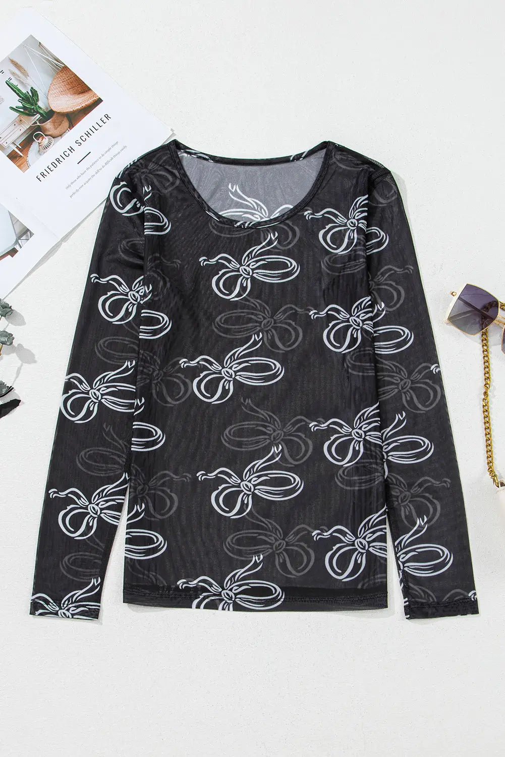 Black Round Neck Bow Print Long Sleeve Mesh Top The Aurora Touch