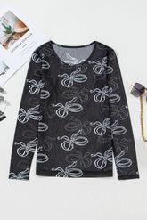 Black Round Neck Bow Print Long Sleeve Mesh Top The Aurora Touch