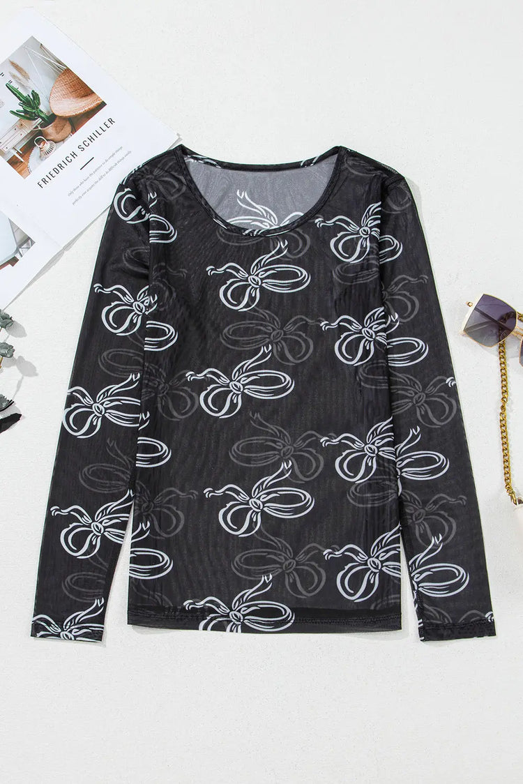 Black Round Neck Bow Print Long Sleeve Mesh Top The Aurora Touch