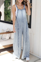 Beau Blue Light Wash Frayed Exposed Seam Wide Leg Denim Overall The Aurora Touch