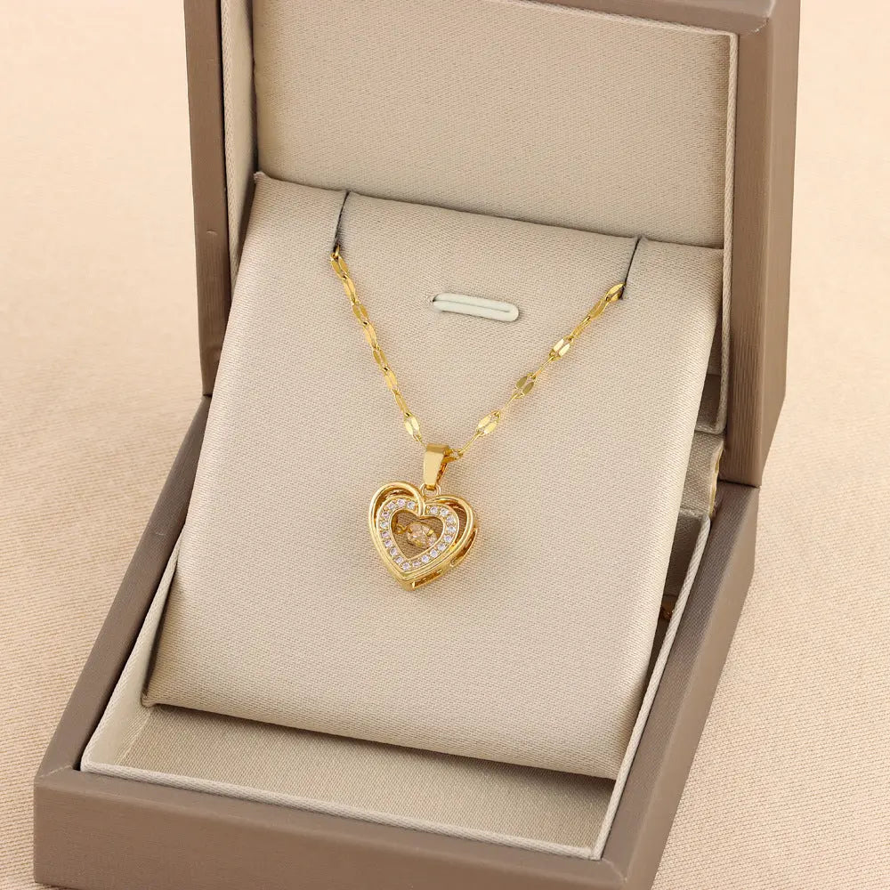 Double-layer Love Necklace With Rhinestones |Titanium Steel Pendant Fashion Jewelry The Aurora Touch