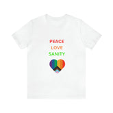Pride White Tshirt, Unisex Pride peace love unity LGBTQ+ casual proud rainbow heart design shirt