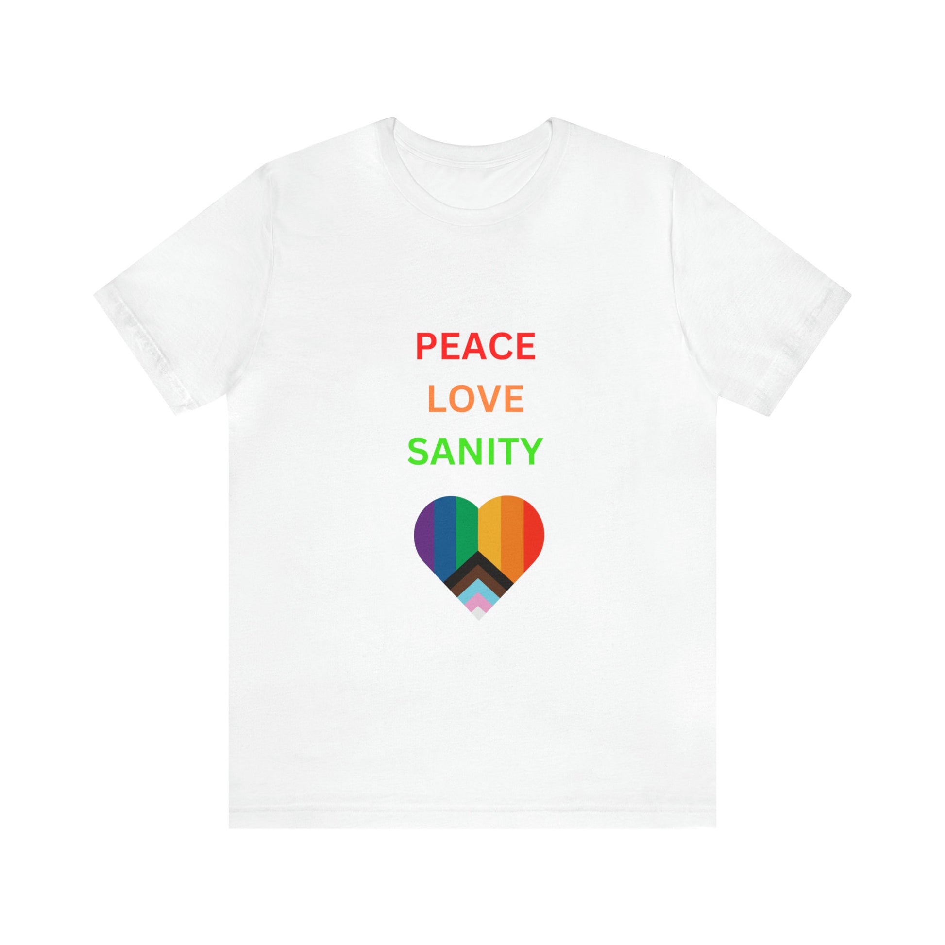 Pride White Tshirt, Unisex Pride peace love unity LGBTQ+ casual proud rainbow heart design shirt