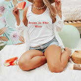Jesus is The Way Tank Top, Women Christian faith born again positive empowerment racer back casual jean shorts tank shirt