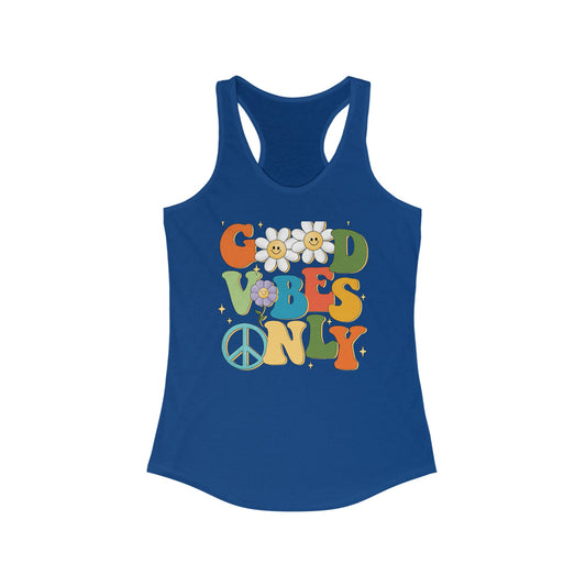 Women's Blue Ideal Racerback Tank, Good vibes only groovy retro stylo design laidback cool summer casual beach day travel women wear top