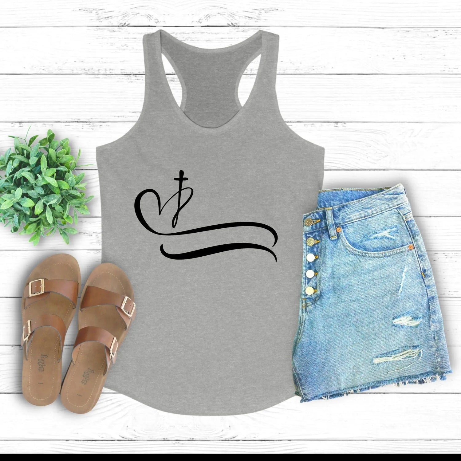 Christian Women Tank Top, Positive Women Christ Faith Love cross heart design casual jean shorts racerback Tee
