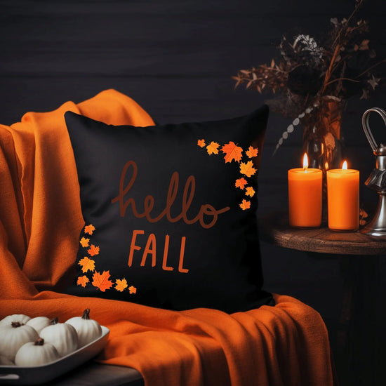 Square Pillow, Hello Fall Thanksgiving Haloween decorative Black Orange throw Holiday Autumn Pillow The Aurora Touch