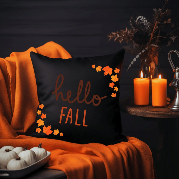 Square Pillow, Hello Fall Thanksgiving Haloween decorative Black Orange throw Holiday Autumn Pillow The Aurora Touch