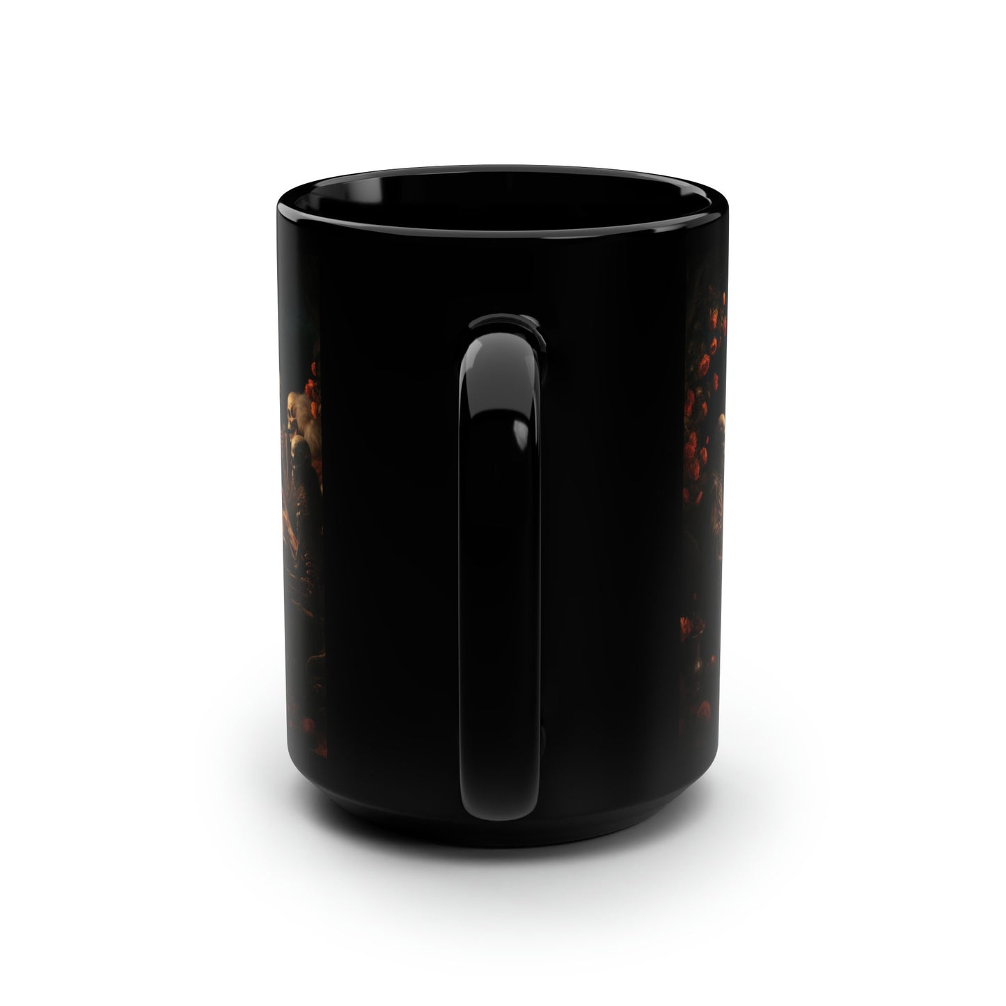 Black Mug, 15oz, Dia de Los Muertos Day Of the Dead Halloween festive skeleton family sit down dinner  designer holiday kitchen decor cup