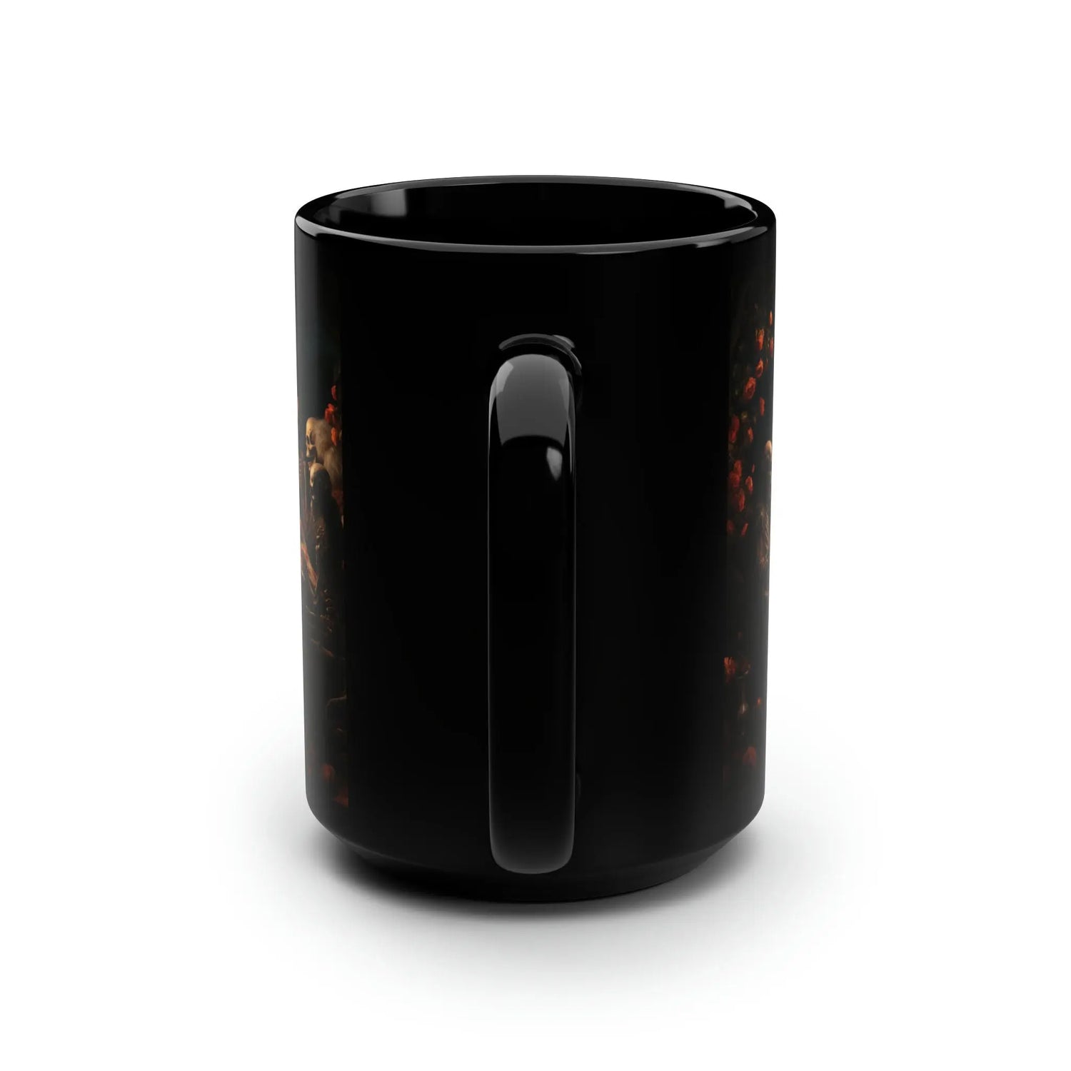 Black Mug, 15oz, Dia de Los Muertos Day Of the Dead Halloween festive skeleton family sit down dinner  designer holiday kitchen decor cup The Aurora Touch