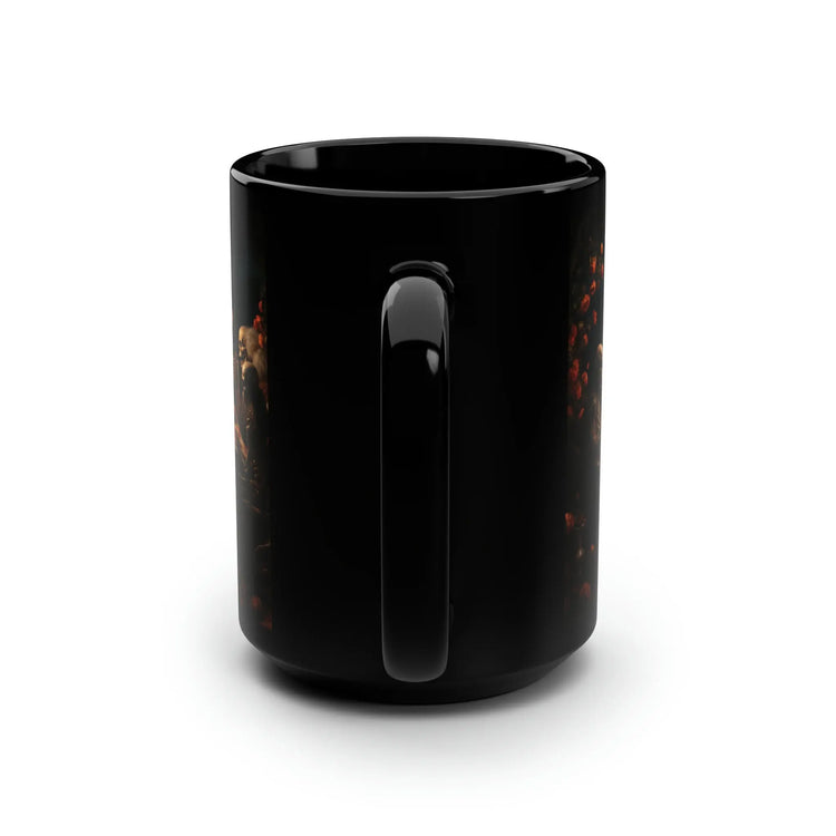 Black Mug, 15oz, Dia de Los Muertos Day Of the Dead Halloween festive skeleton family sit down dinner  designer holiday kitchen decor cup The Aurora Touch